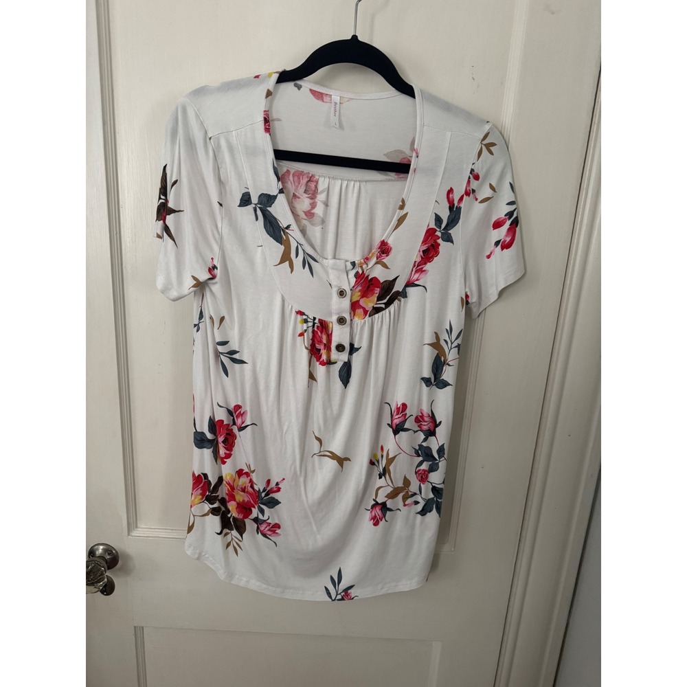 Bestbee Women White Floral Henley Short Sleeve Blouse Top Large Rose Print